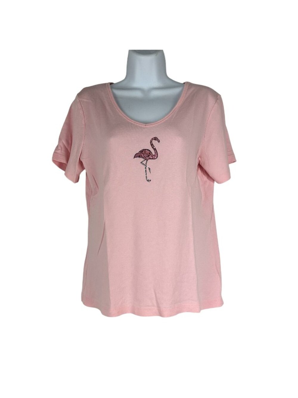 Tape Measure Womens Pink Flamingo Rhinestone Graphic Top Small Casual Cotton